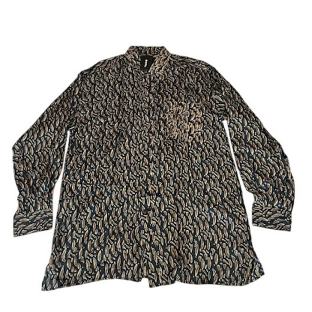 NWT VTG Volare Shirt Silk Navy Tan Geometric Long Sleeve Button Down Sz L